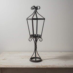 Wrought Iron Lantern Candle Holder 22.5" Vintage Style Black Metal Pillar Taper